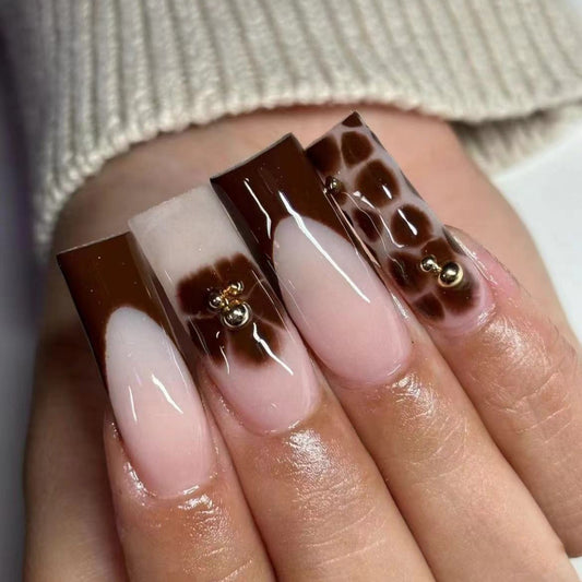 Chic Chocolate Safari Long Square Brown and Clear Press On Nail Set with Gold Accents