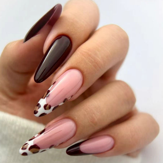 Glamorous Safari Inspired Long Almond Shaped Burgundy Pink and White Leopard Print Press On Nail Set