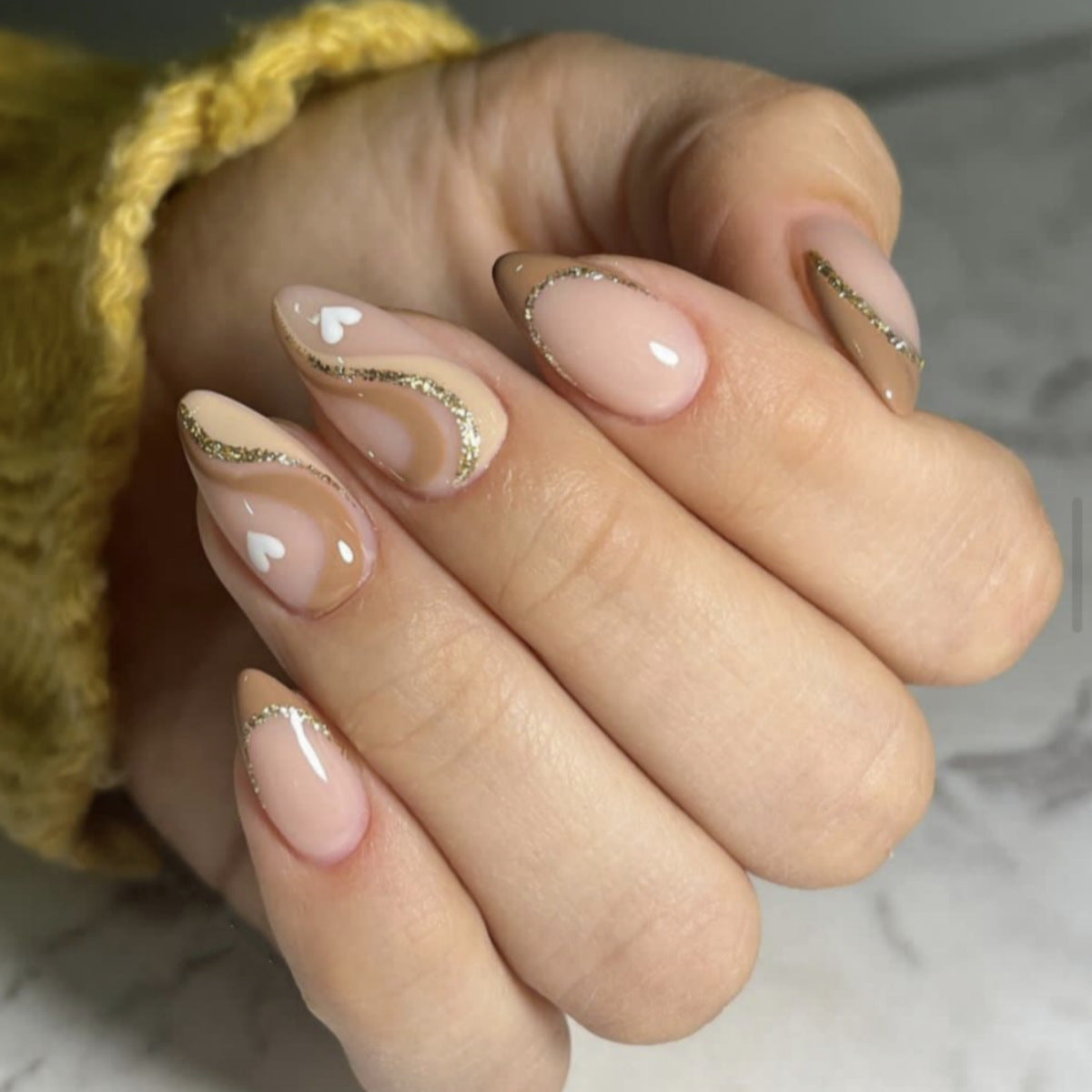 Chic Elegance Long Almond Beige Press On Nail Set with Heart and Gold Detail