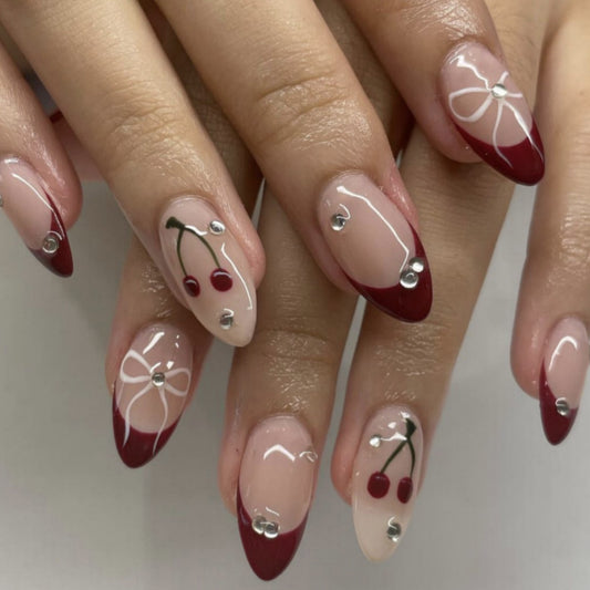 Cherry Blossom Inspired Long Almond Red and Beige Press On Nail Set with Rhinestone Accents and Floral Design