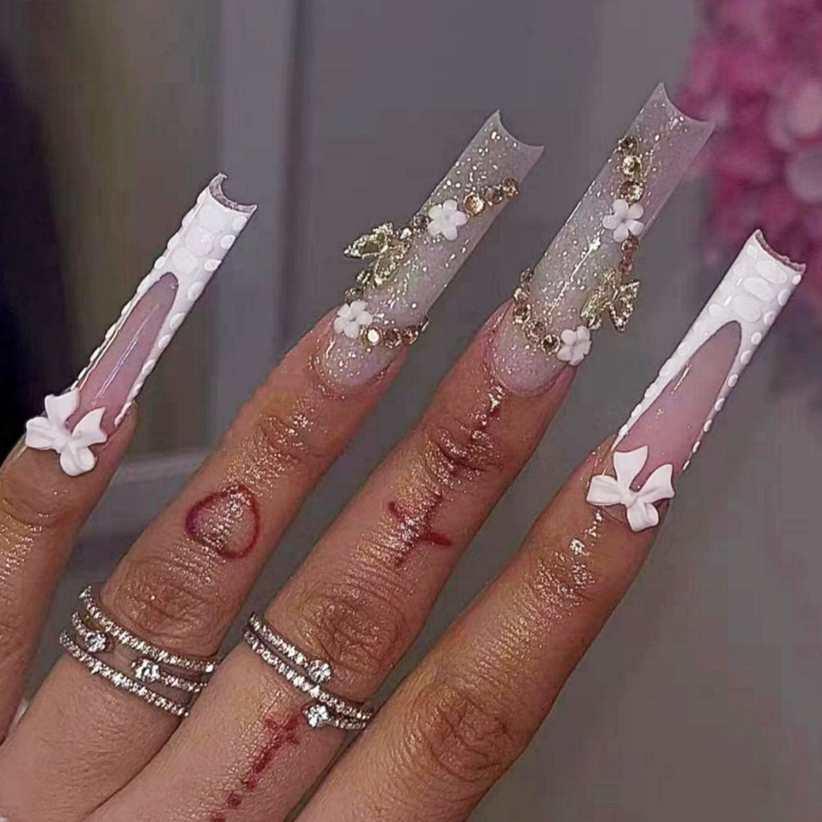 Fairy Garden Extravaganza Long Square Press On Nail Set Clear Glitter with White Floral Accents and Unique Cutout Design