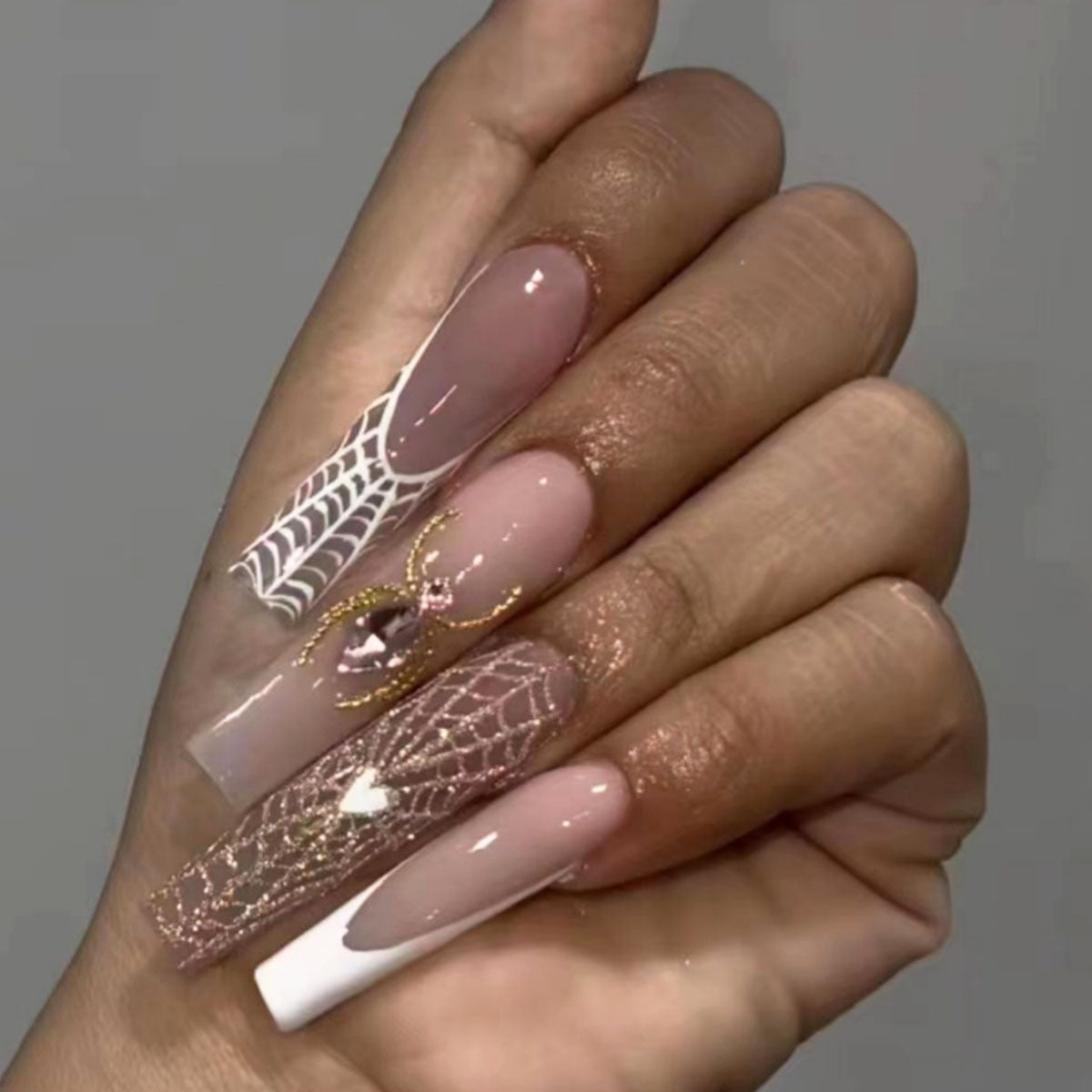 Spooky Elegance Long Square Shape Pink Artisan Press On Nail Set with Gold Spider Web Design