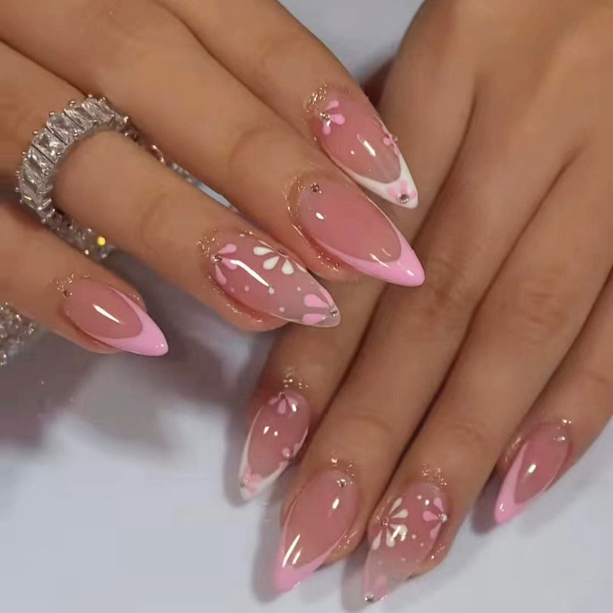 Chic Blossom Almond Pink Press On Long Nail Set with Floral Design and Rhinestone Accents