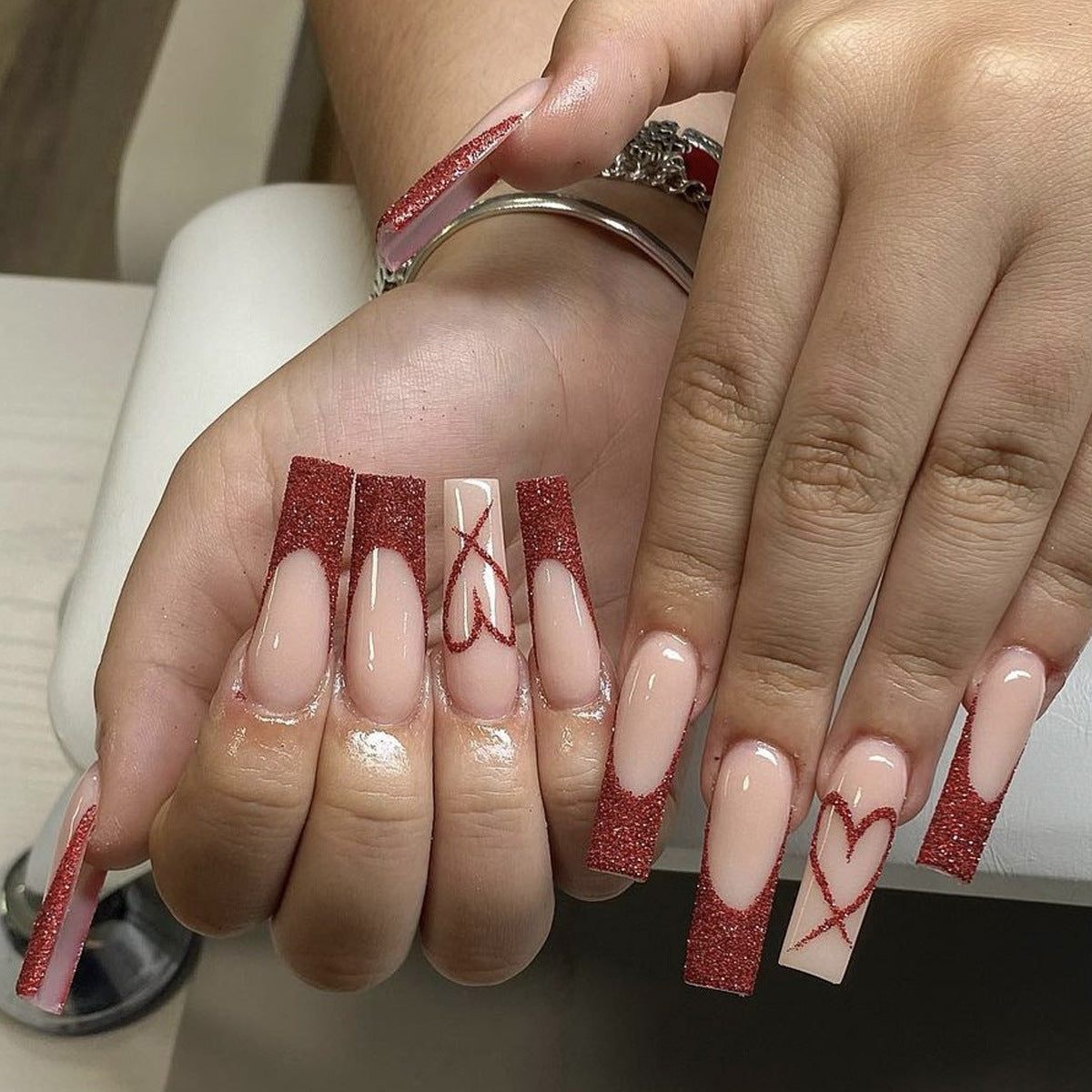 Romantic Red Long Square Press On Nail Set with Glittery Tips and Heart Designs