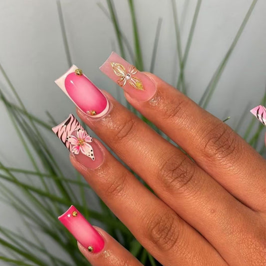 Tropical Bliss Medium Square Pink Press On Nails with Floral and Gold Accents