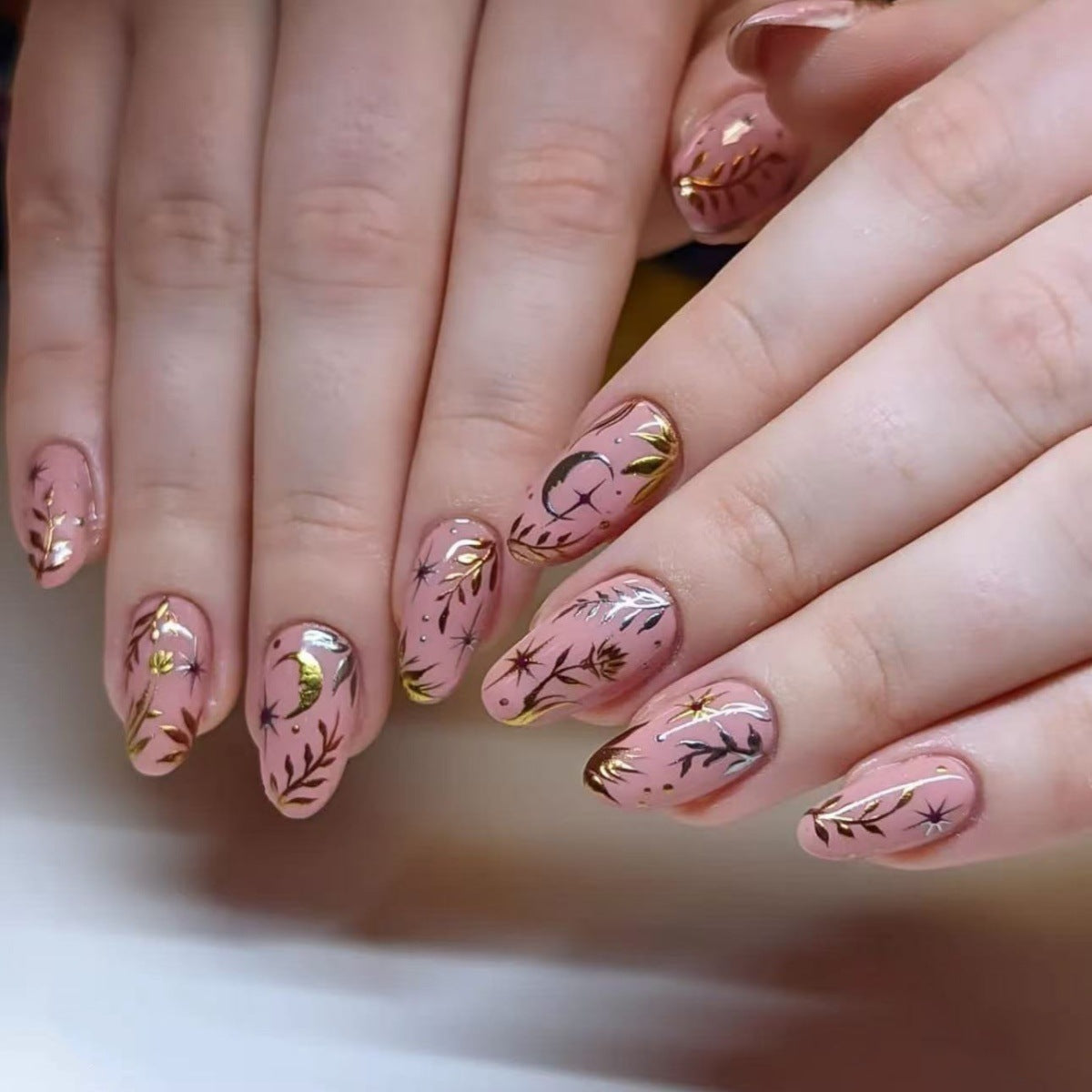 Botanical Elegance Medium Almond Pink Press On Nail Set with Gold Foil Accents