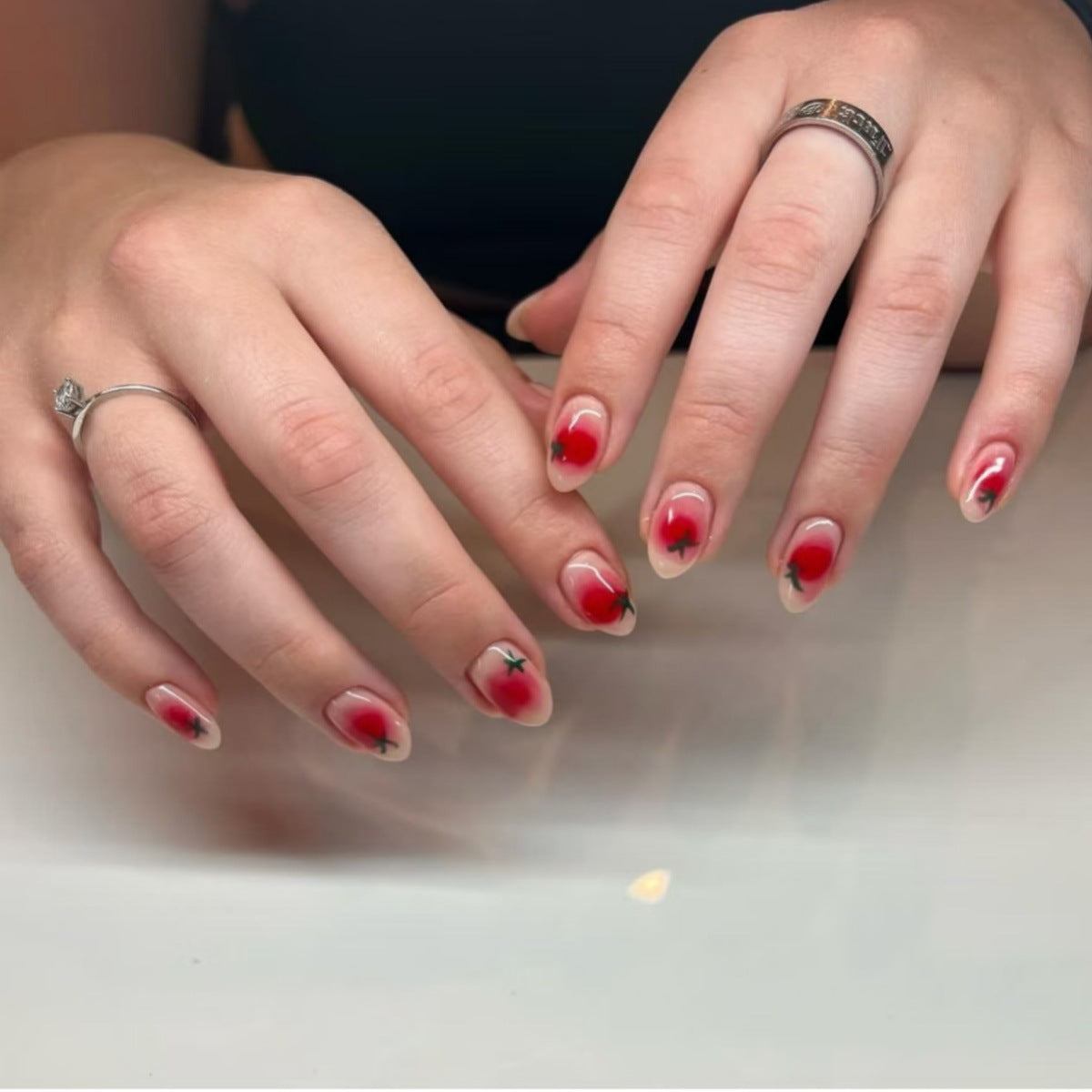 Floral Fantasy Small Short Oval Red Ombre Design with Star Accents Press On Nail Set