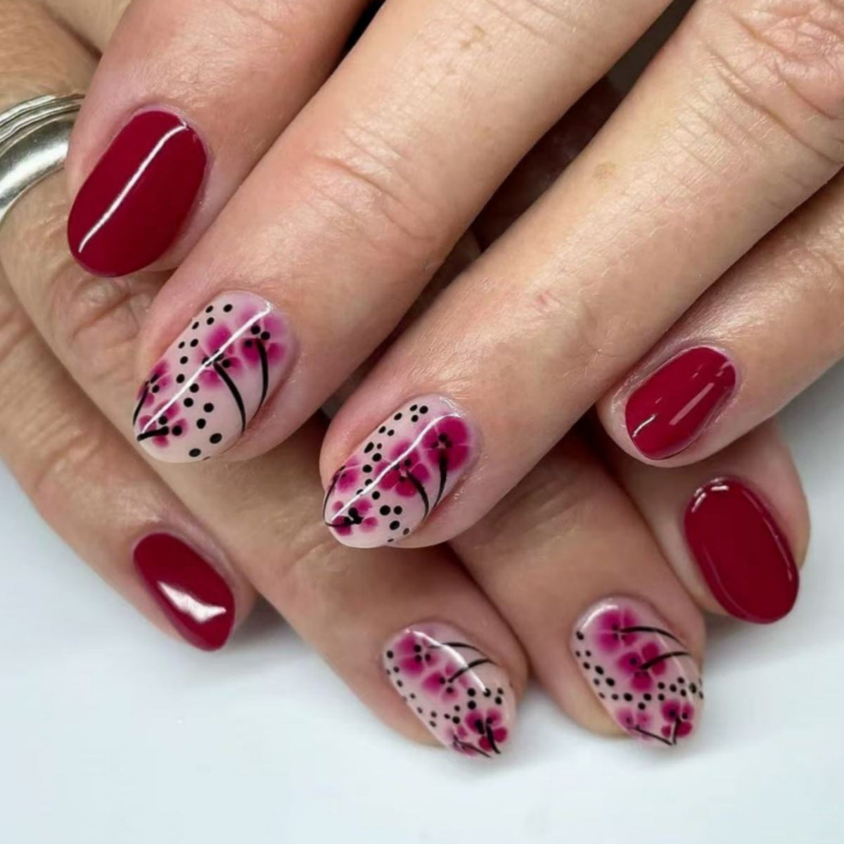 Blossoming Elegance Long Almond Burgundy with Floral Design Press-On Nail Set