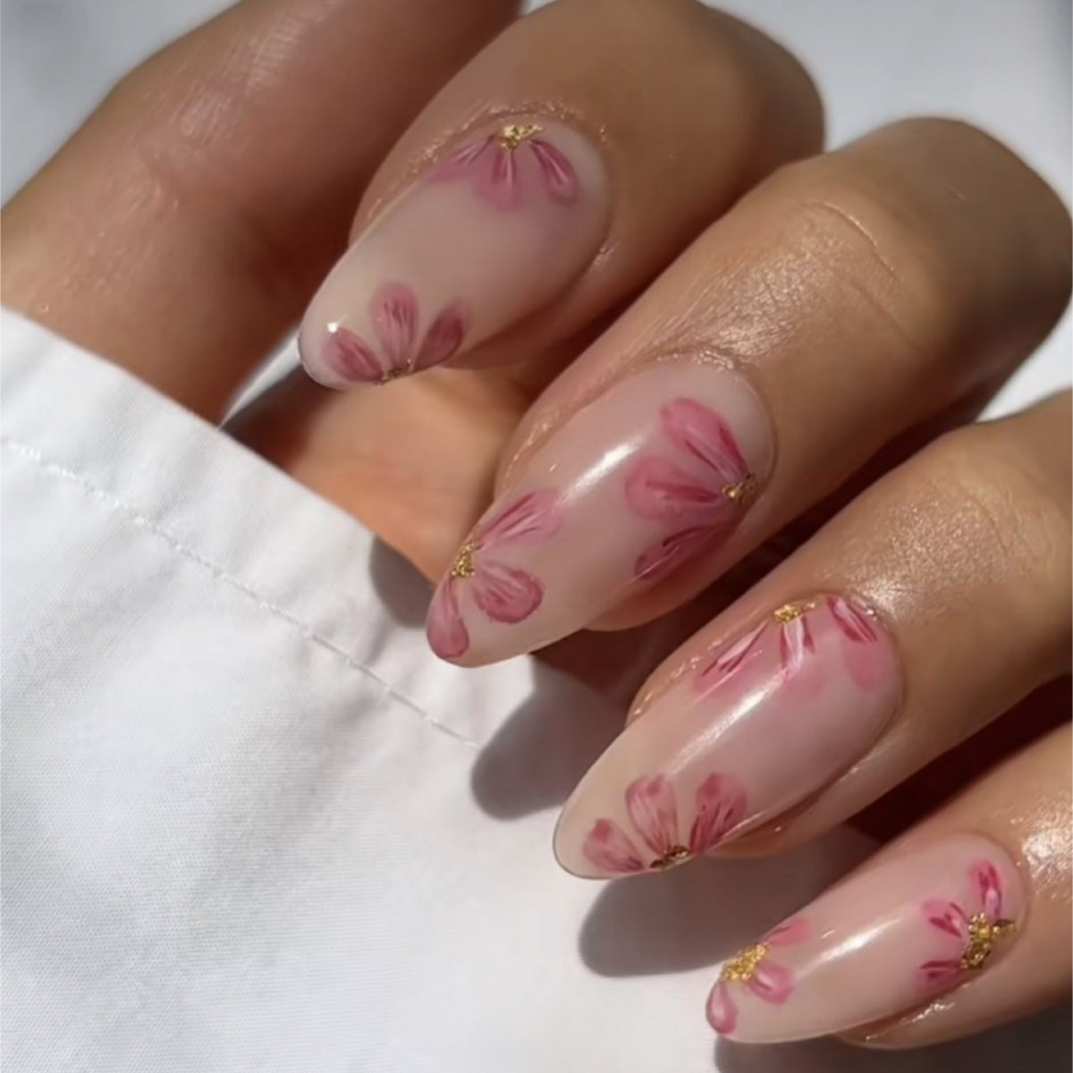 Blossoming Elegance Medium Almond Transparent Pink Floral Press On Nail Set with Gold Accents