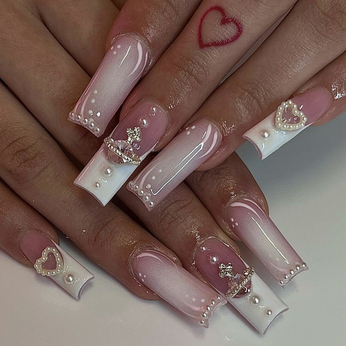 Princess Dreams Long Square Pink Gradient Press On Nail Set with Pearl and Heart Accents