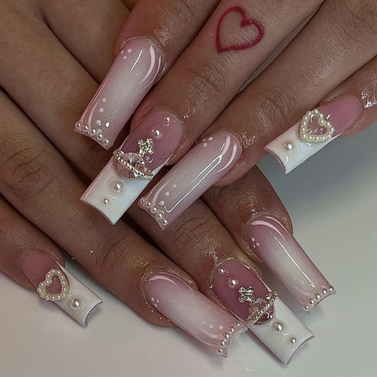 Princess Dreams Long Square Pink Gradient Press On Nail Set with Pearl and Heart Accents