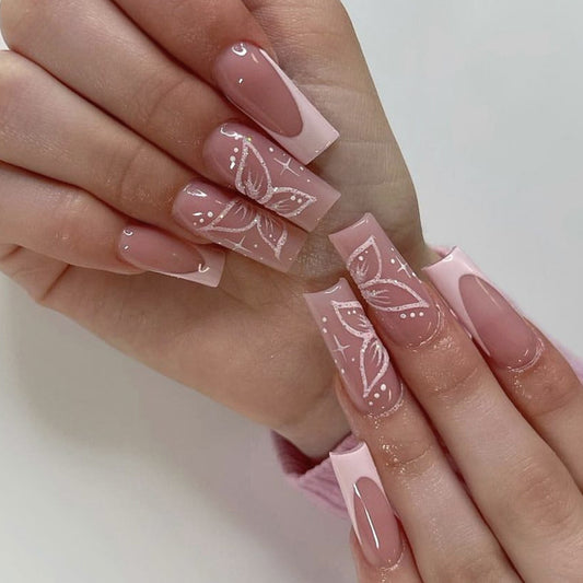 Floral Elegance Long Square Pink Press On Nail Set with Leafy Art Design and Glossy Finish