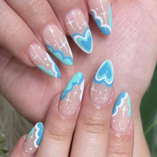 Beach Vibes Long Almond Press On Nail Set Blue and White Heart Design with Sparkling Accents