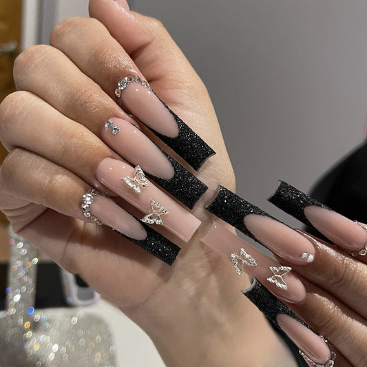 Glamorous Butterfly Dreams Long Square Beige and Black Press On Nail Set with Stunning Rhinestone Accents