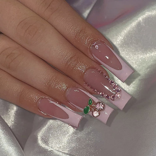 Charming Garden Long Square Light Pink Press On Nail Set with Stunning Gemstone Accents