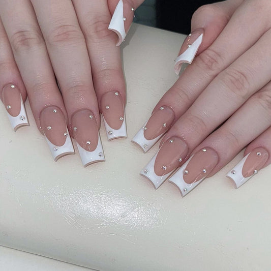 Glamorous Elegance Extra Long Square White and Beige Press On Nail Set with Rhinestone Accents