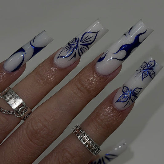 Elegant Floral Fantasy Long Square Press On Nails in White and Blue with Artistic Butterfly Design