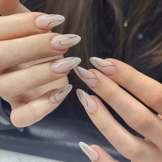 Elegant Marble Finish Long Almond Shaped Beige Press On Nail Set with Gold Line Accents