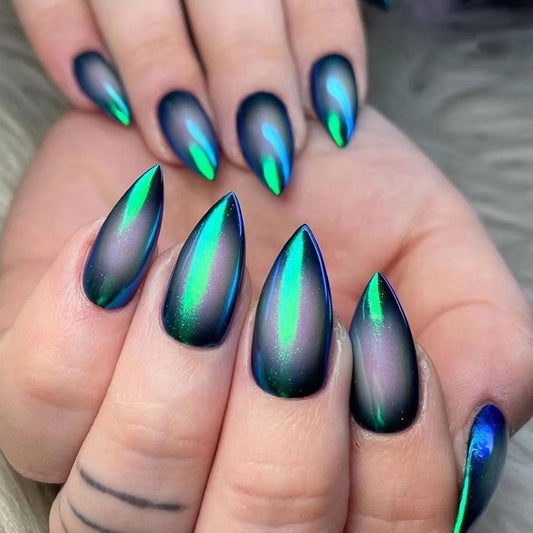 Galactic Glow Medium Stiletto Black Iridescent Press On Nail Set