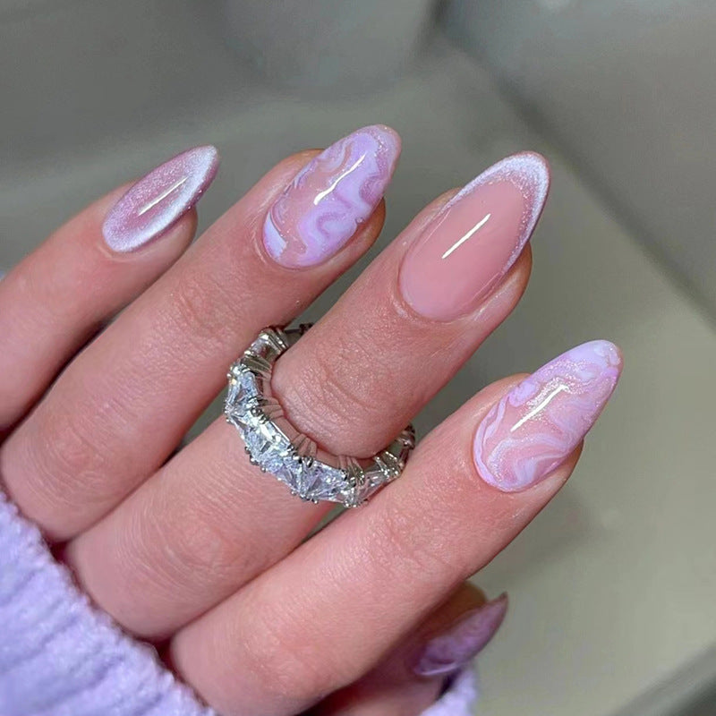 Dreamy Pastel Long Almond Press On Nail Set in Lavender and Pink with Elegant Marble Design