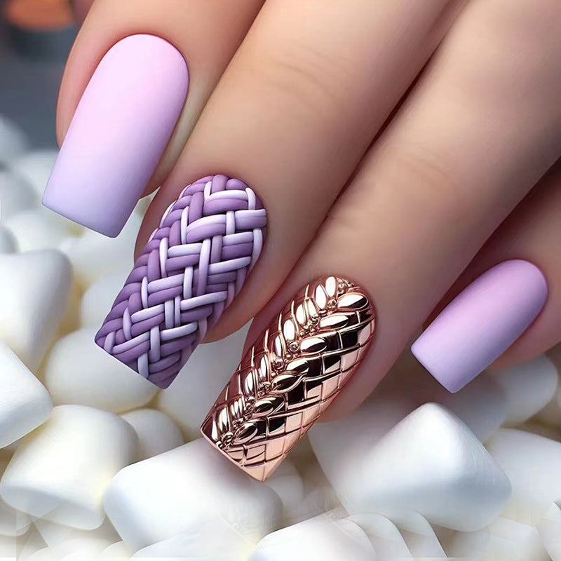 Lavender Dreams Long Square-Shaped Press On Nail Set with Braided Texture and Chrome Accents