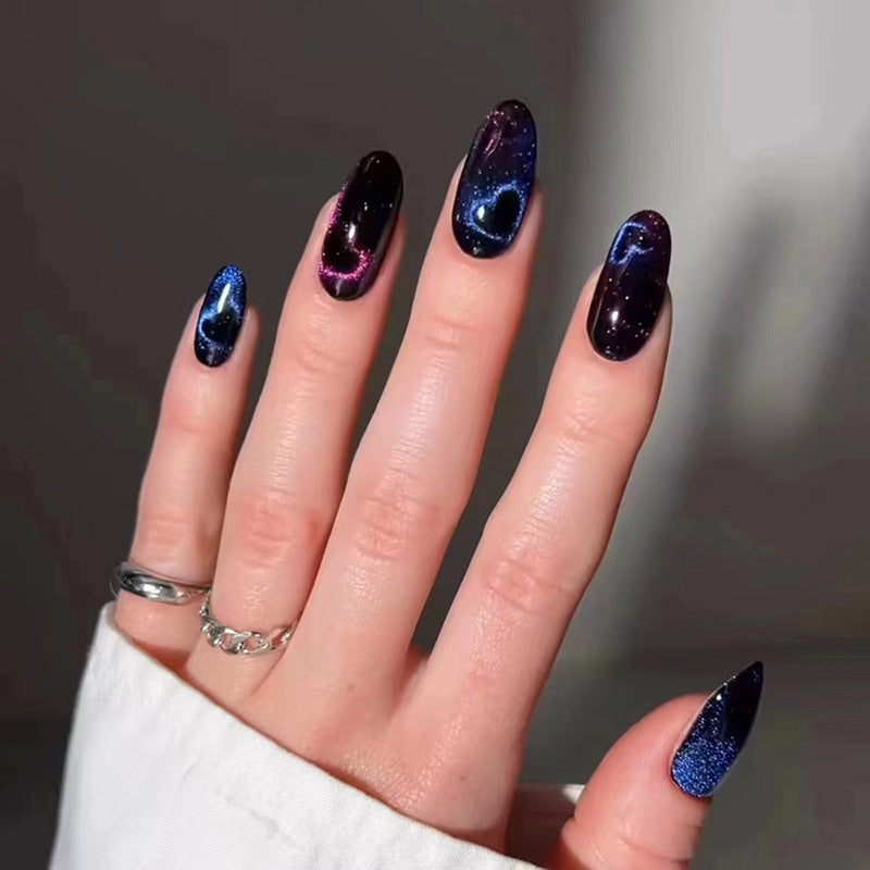 Galactic Glamour Medium Almond Galaxy Glitter Press On Nails Set in Midnight Blue