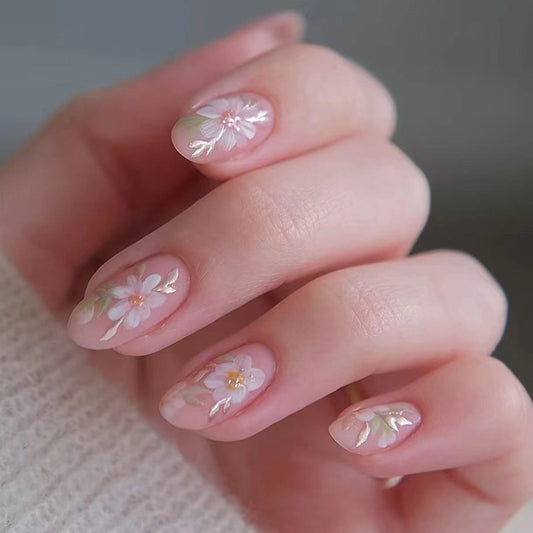 Spring Blossom Elegance Medium Oval Pale Pink Floral 3D Embellished Press On Nail Set