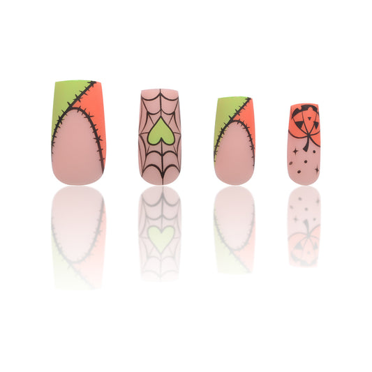 Spooky Vibes Long Square Matte Press On Nail Set in Pink Green and Orange with Halloween Patterns and Textured Finish