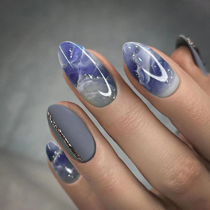 Mystical Galaxy Medium Almond Blue Marble Press On Nail Set with Glitter Accents