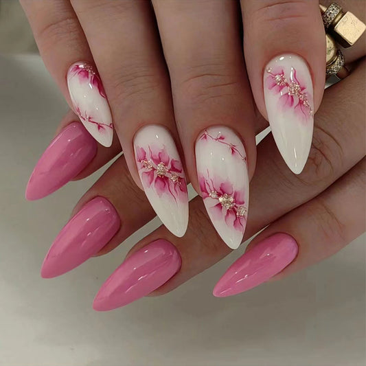 Blossom Elegance Long Almond Pink Floral Press On Nail Set with Gem accent