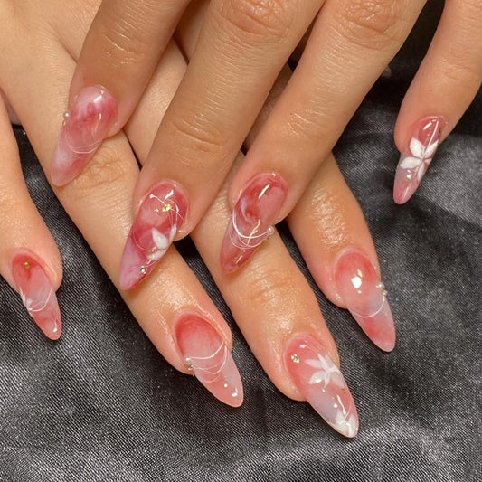 Whimsical Blossom Long Almond Pink Press On Nail Set with Floral Details and Glitter Accents