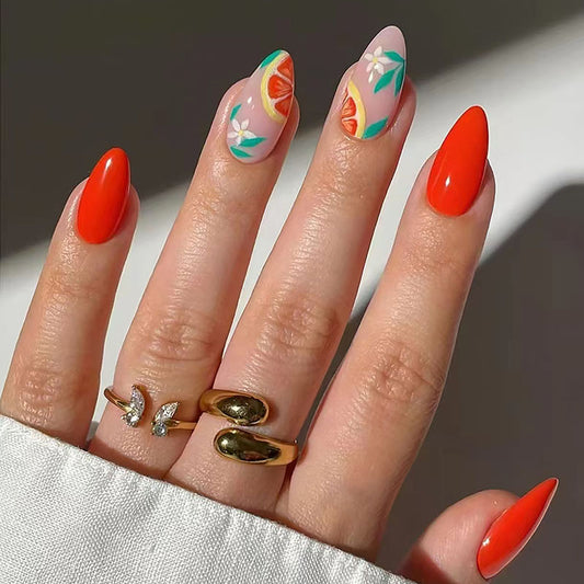 Tropical Vibes Medium Almond Red and Pink Floral Press On Nail Set