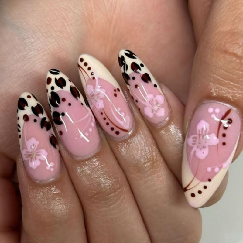 Feminine Floral Fantasy Long Almond Pink and Cream Press On Nail Set with Floral and Leopard Print Design