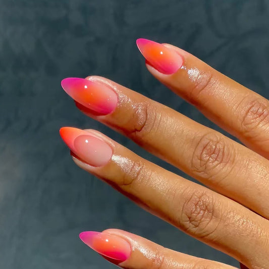 Tropical Sunset Long Almond Gradient Pink and Orange Nail Set with Glowing Finish