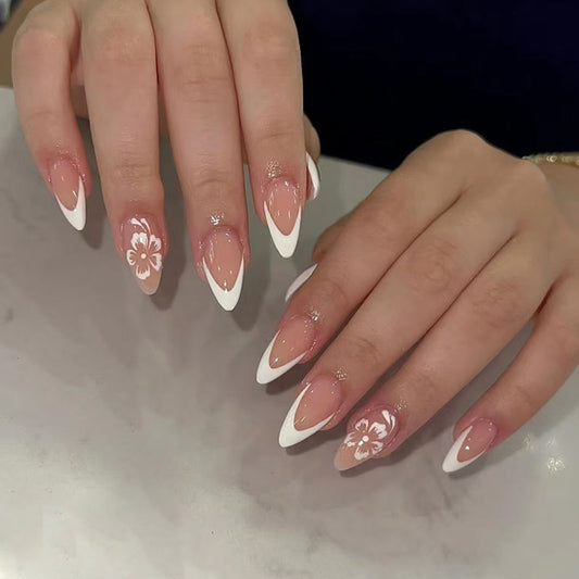 Tropical Elegance Long Almond Press On Nails Beige and White with Floral Design