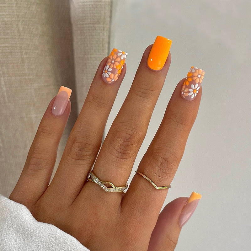 Sunny Floral Bliss Medium Square Orange and Peach Press On Nail Set with Charming Daisy Designs