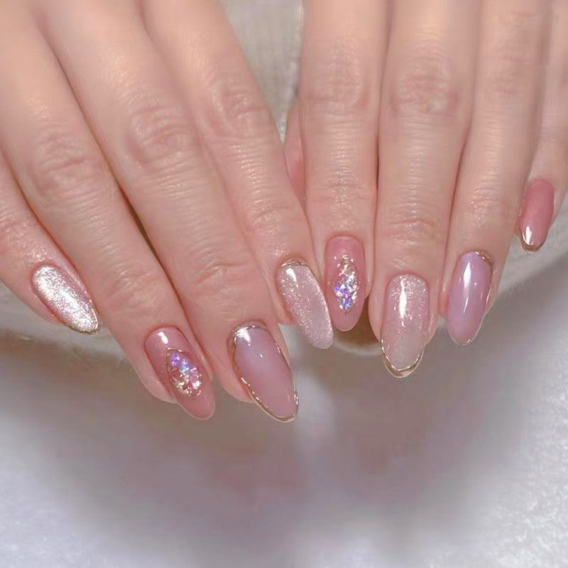 Enchanted Elegance Long Almond Blush Pink Press On Nail Set with Sparkling Glitter and Gem Accents