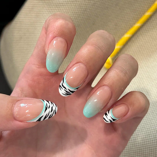 Safari Chic Long Oval Aqua Gradient Press On Nail Set with Zebra Print Tips