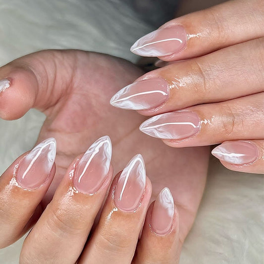 Chic Marble Inspired Long Stiletto Press On Nail Set in Soft Pink with Dazzling White Swirls