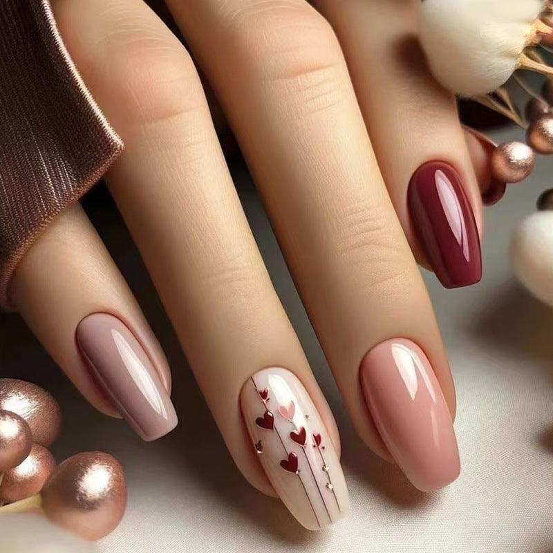 Romantic Heartfelt Long Coffin Shaped Mauve and Burgundy Press On Nail Set with Heart Design