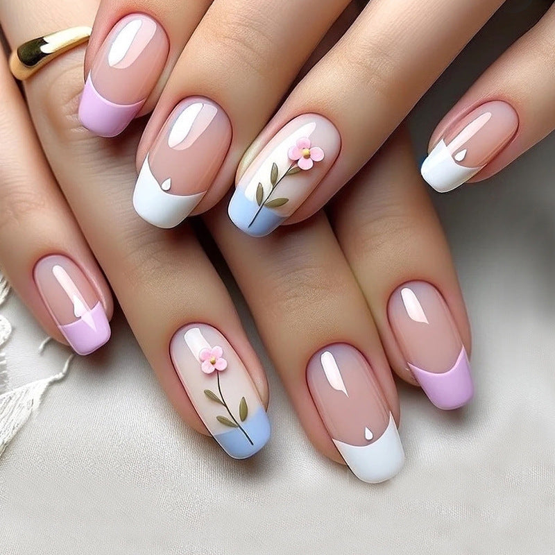 Blossoming Spring Floral Vintage Long Round Pastel Pink Blue and White Press On Nail Set with Delicate Flower Design