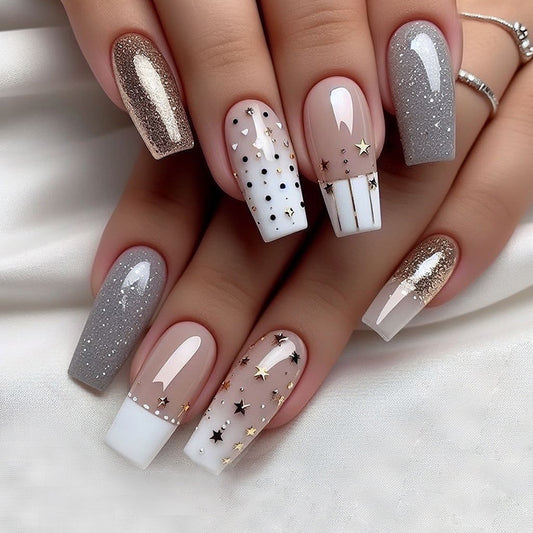 Celestial Glam Long Coffin Metallic Gray and White Press On Nail Set with Star Detailing and Glitter Accents