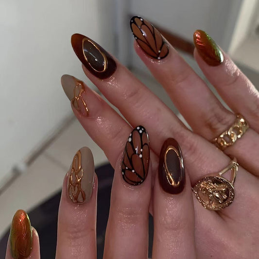 Autumn Elegance Long Almond Shaped Brown and Beige Press On Nail Set with Unique Leaf Design Accents