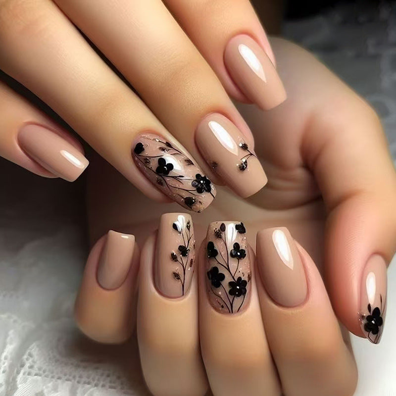 Botanical Bliss Long Coffin Beige Press On Nail Set with Elegant Floral Design