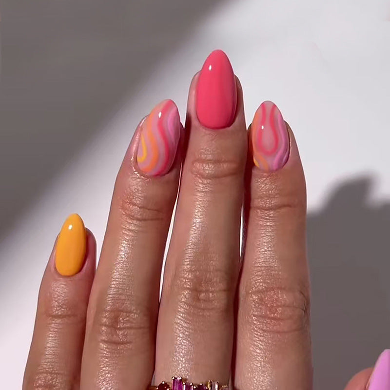 Vibrant Sunset Almond Shaped Long Length Colorful Swirl Press On Nail Set Perfect for Summer Style