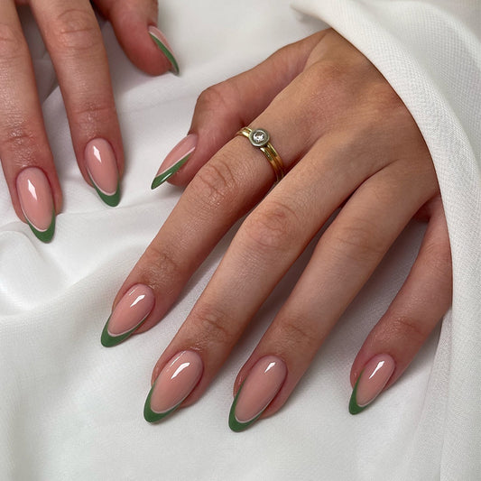 Chic Garden Inspired Long Almond Shaped Pink and Green Press On Nail Set with Glossy Finish