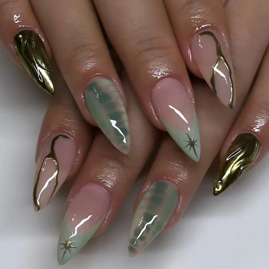 Mystical Elegance Stiletto Long Length Green and Beige Ombre Press On Nail Set with Unique Gold Accents