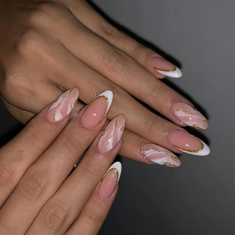 Elegant Marble Dream Almond Shape Pink White and Gold Press On Long Nail Set with Unique Swirl Design