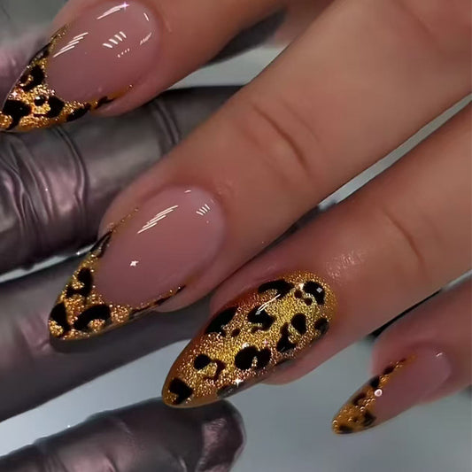 Wild Safari Glamour 12 Long Almond Gold Leopard Print Press On Nail Set