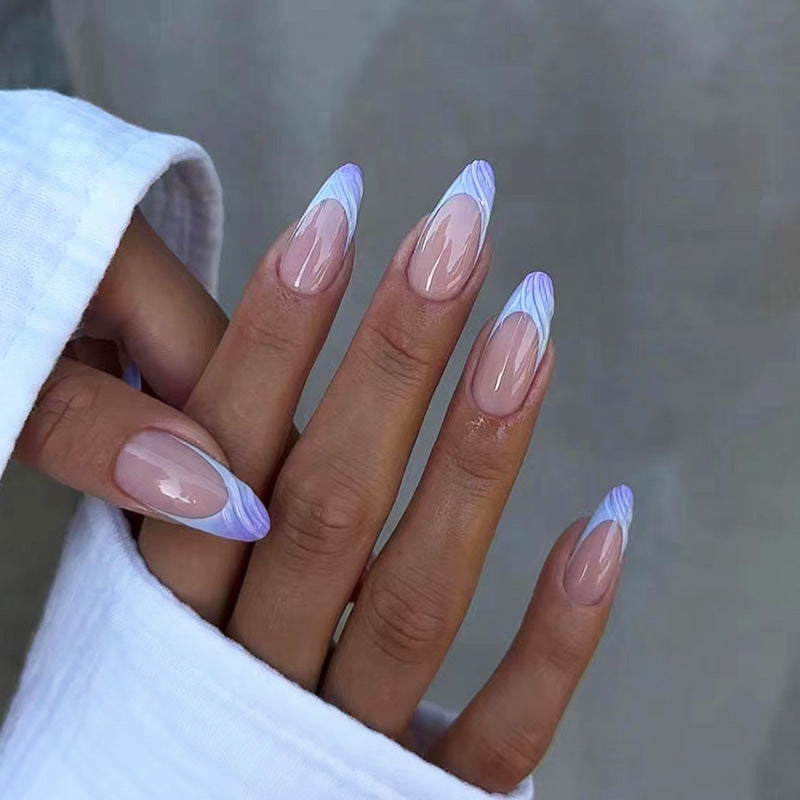 Dreamy Lavender Marvel Long Almond Press On Nail Set with Trendy Ombre White Tips for Effortless Glamour